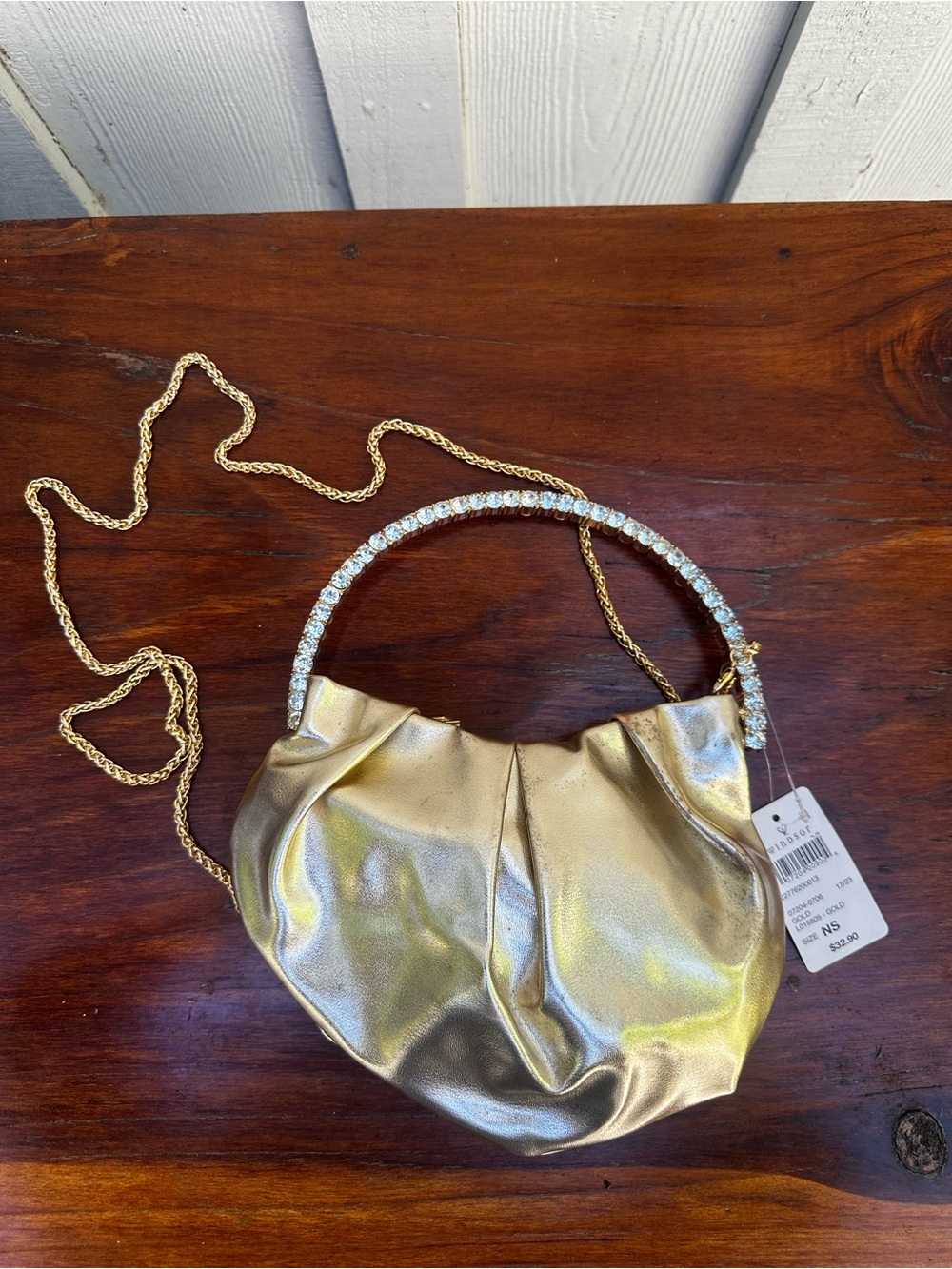 Gold Metallic Evening Handbag with Crystal-Embellished Handle